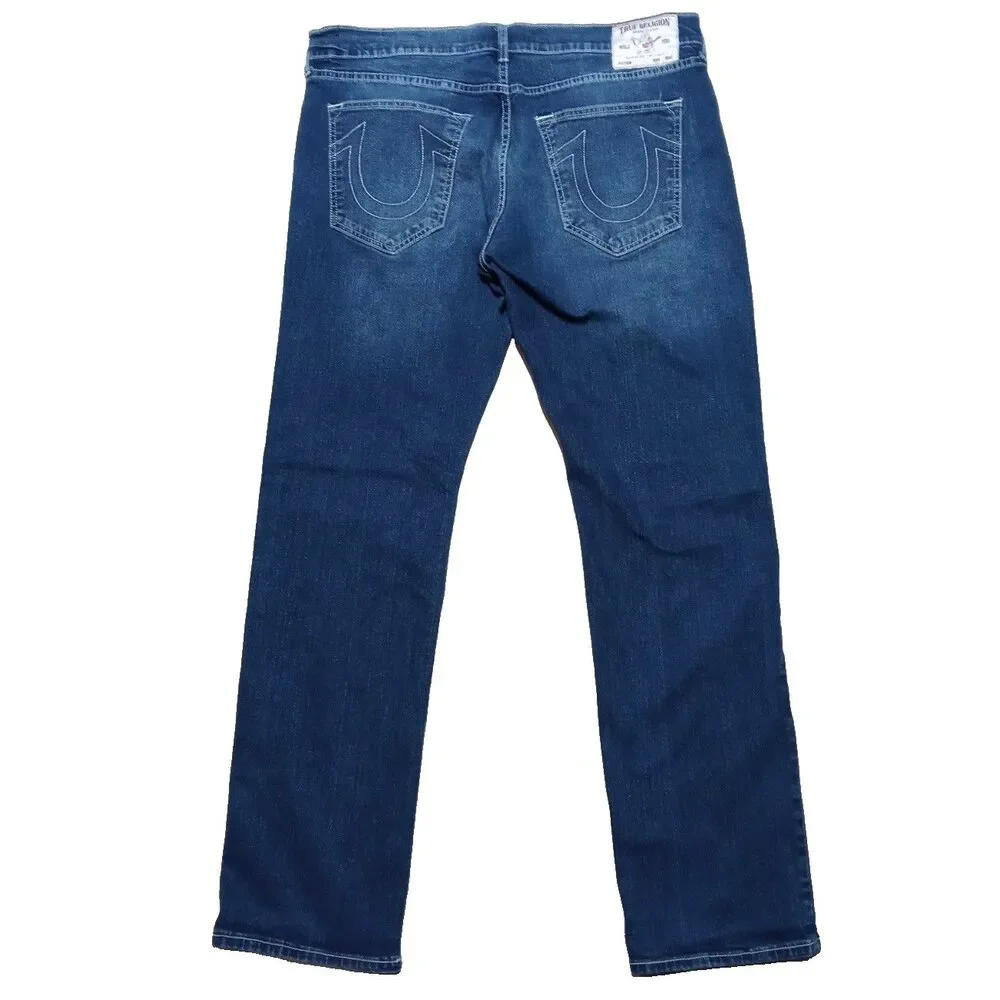 True Religion Ricky Relaxed Straight Jeans 40x34 Blue Whiskered Stretch Denim